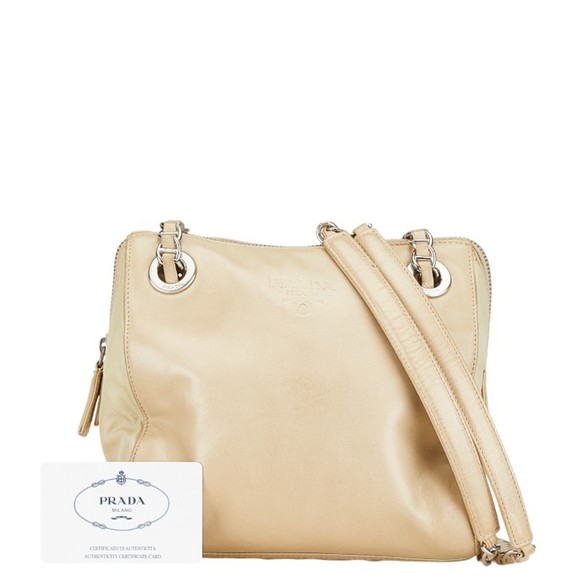 Prada Chain Shoulder Bag B4590 Beige Lino Leather Nylon Women's PRADA - Picture 9 of 10